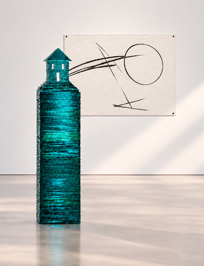 Sculpture made entirely of glass with an iconic house shape on top of a tall 
    column of 1/4 inch glass squares.