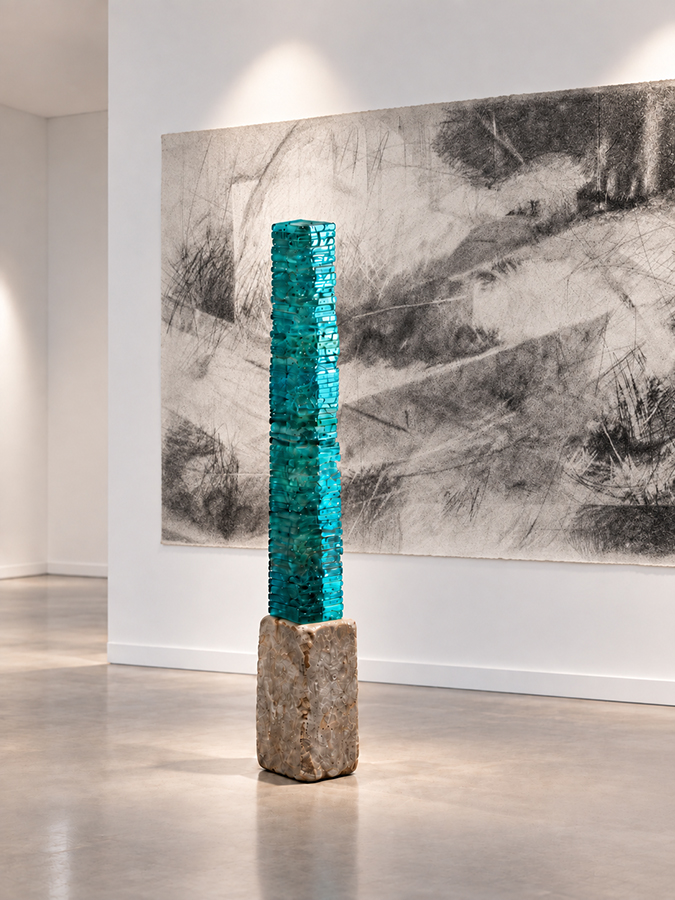 Sculpture made of glass and sandstone, resembling a tall pillar.