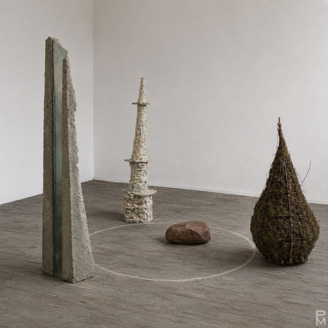 A sculpture installations comprised of three different objects 
    placed on the outer edge of a chalk circle drawn on the floor with a rock
    placed inside the circle.