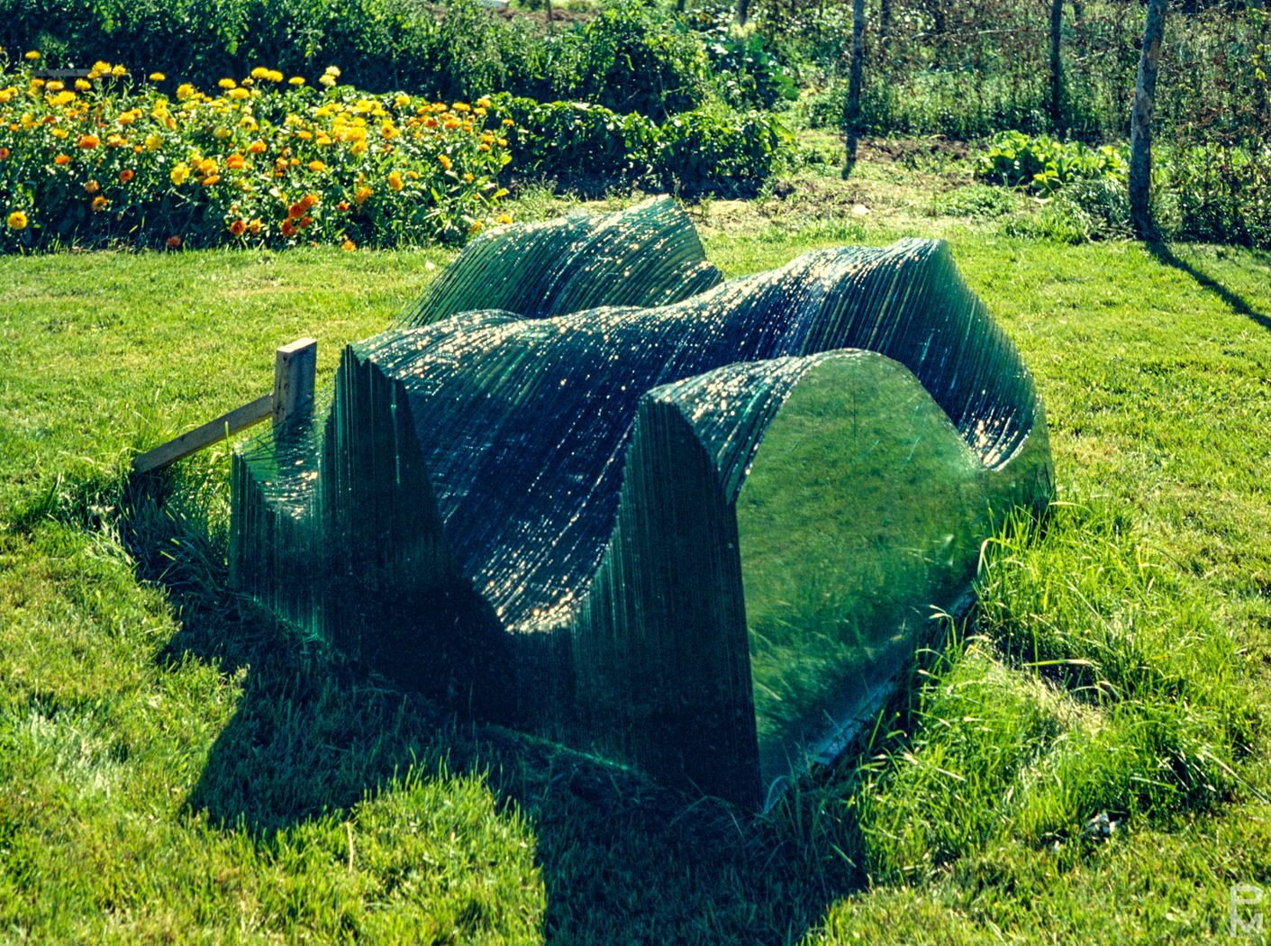 Sculpture made of stacked pieces of glass, depicting a wave installed in a grassy yard.