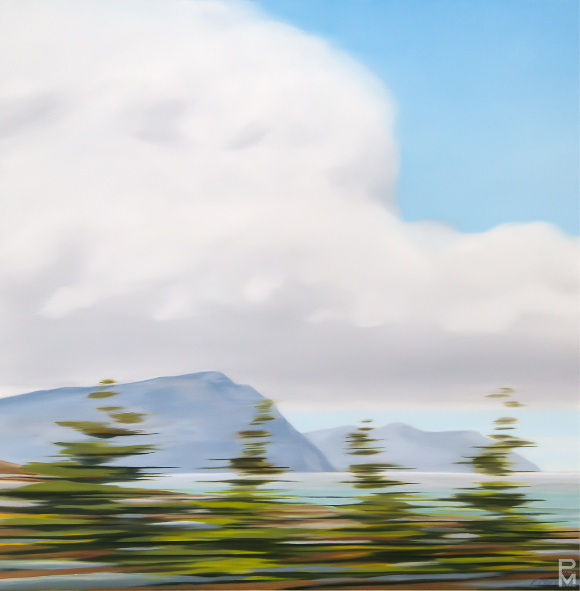 Oil painting of a blurry view of Gros Morne National Park seen past baby spruce trees from a moving vehicle on a beautiful summer day