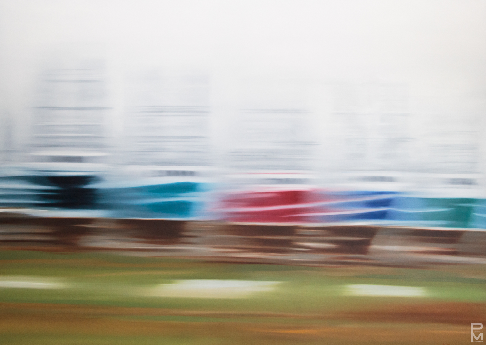 Oil painting blurry view of the magnificent fleet of ships in Shippagan drydocks seen while driving by