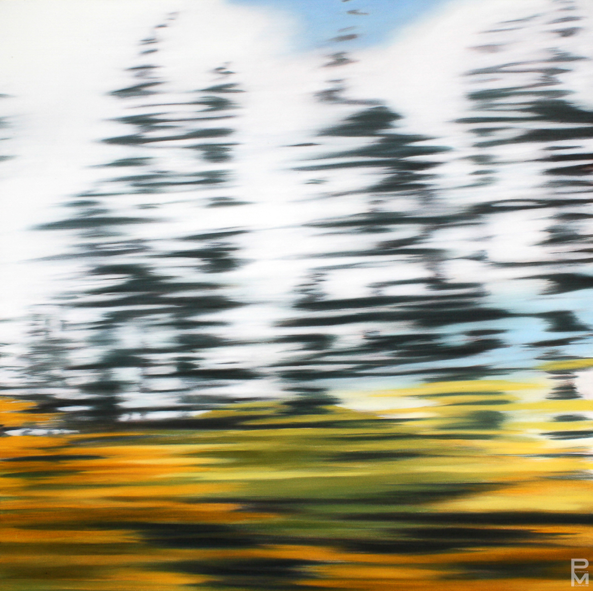 Oil painting abstraction of passing foliage seen from a moving vehicle
