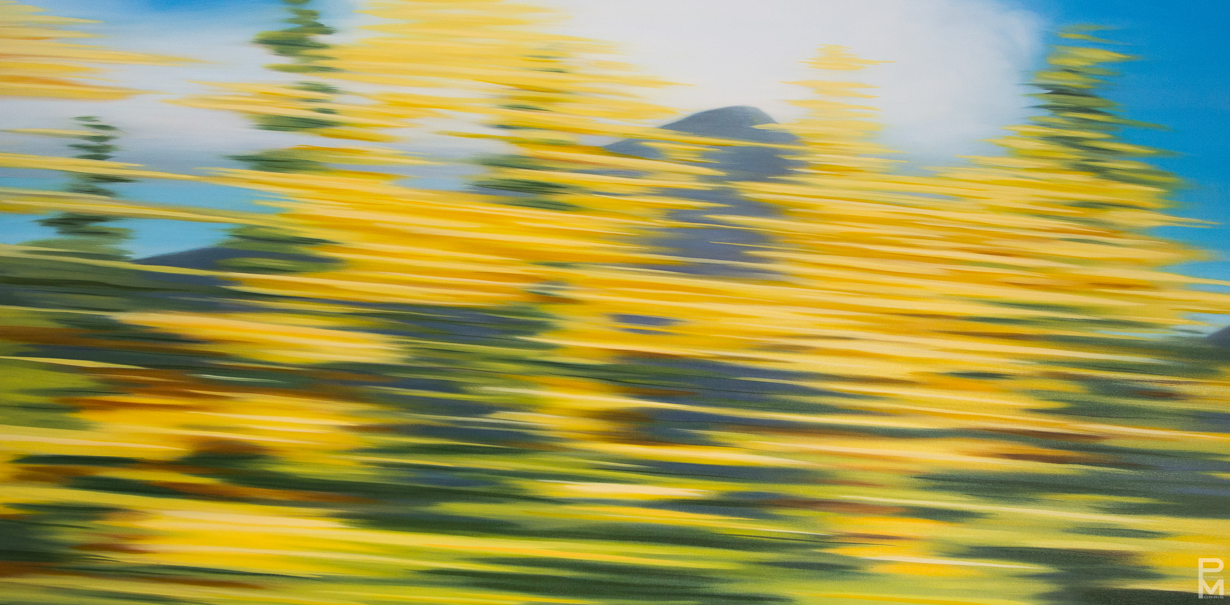 Oil painting viewing a mountain seen through yellow autumn foliage in Alberta