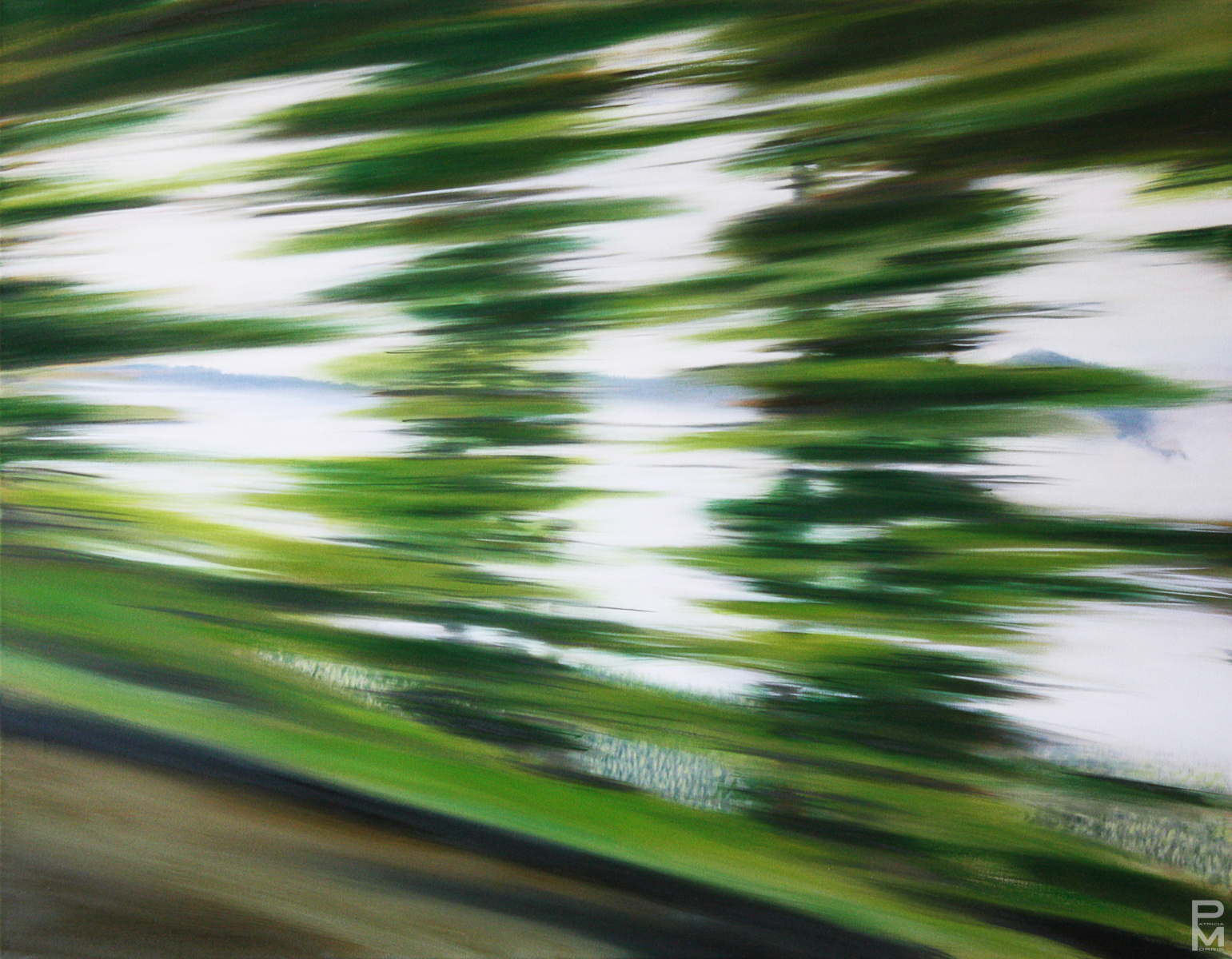 Oil painting of a view looking down while driving up a mountainside.