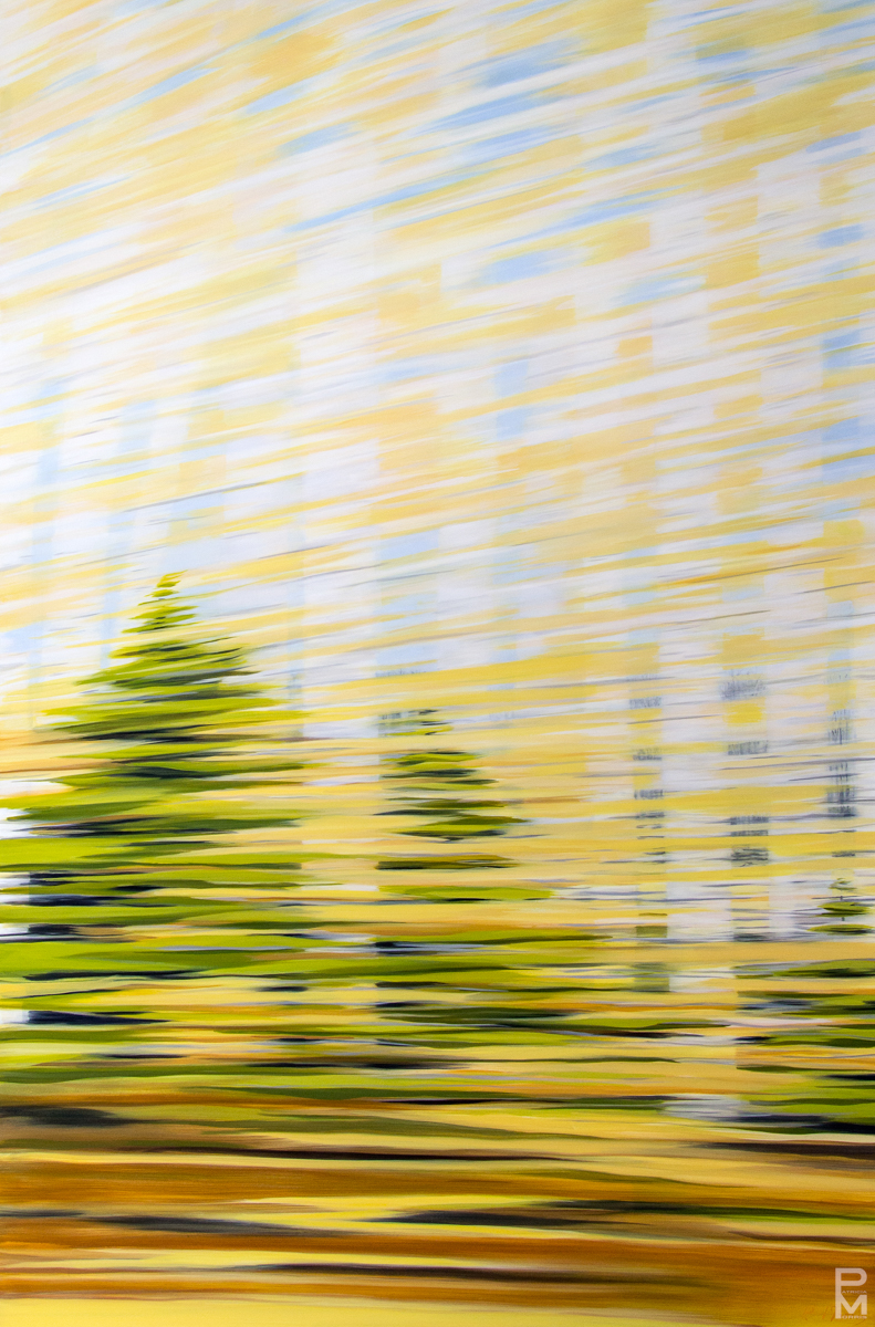 Oil painting of a blurry view of yellow aspen and young spruce trees glimpsed from a moving vehicle