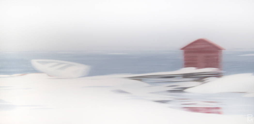 Trans Canada Drive painting, Newfoundland, boat and boat house in winter scene