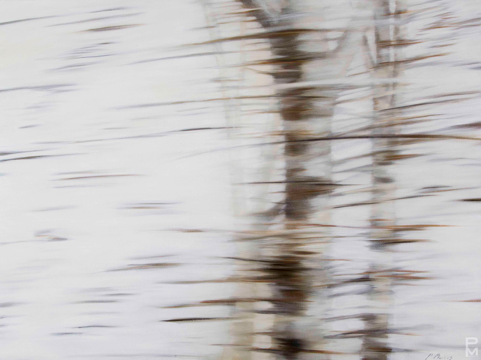 Trans Canada Drive painting, view of blurred birch trees in winter, seen while driving
