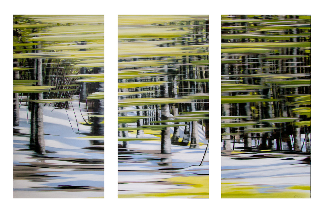 Trans Canada Drive painting, Newfoundland spring forest scene in three panels