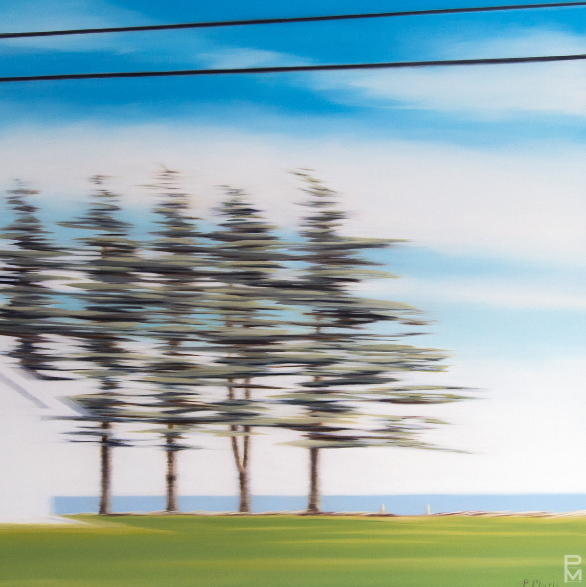 Trans Canada Drive painting, View of the ocean through spruce trees and power lines in Prince Edward Island