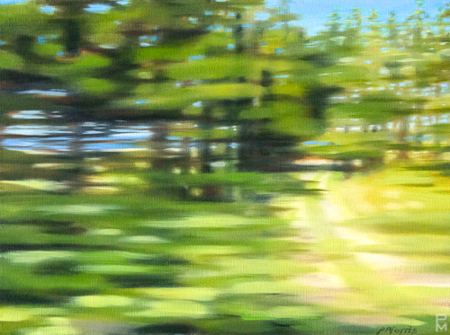 Trans Canada Drive painting, View of a cottage road leading to the shore in Nova Scotia, summer scene