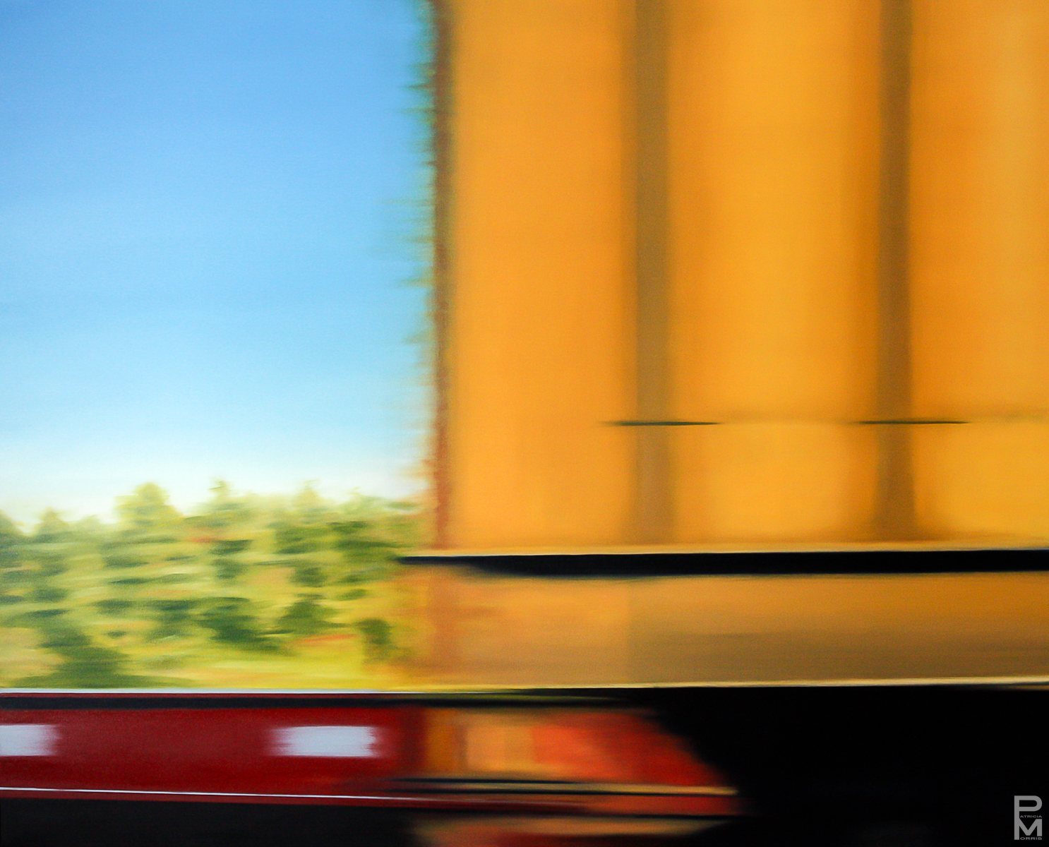 Trans Canada Drive painting, View of spruce trees obstructed by a passing transport truck trailer and flatbed