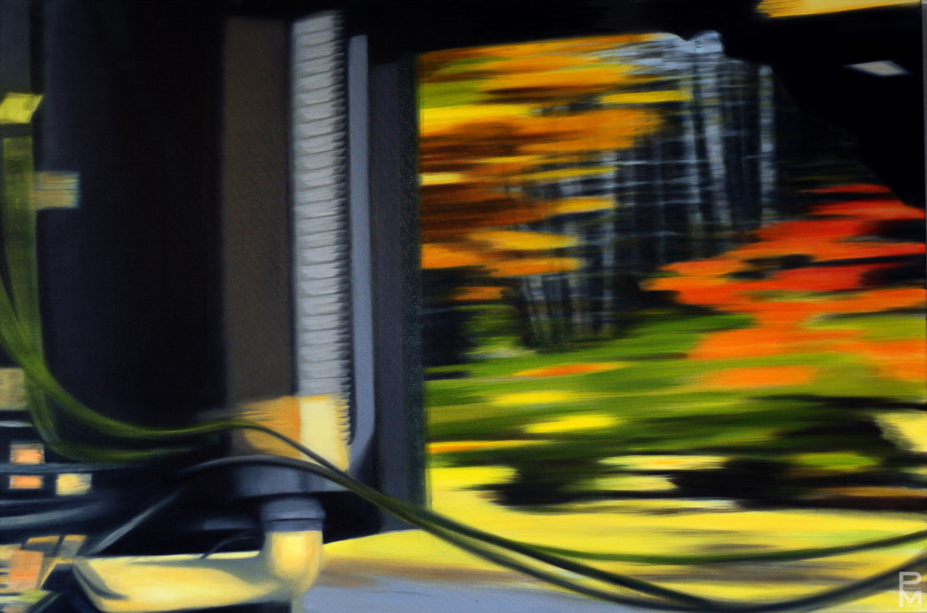 Trans Canada Drive painting, View of colourful autumn foliage obscured by the back of a transport cab on the highway in Ontario