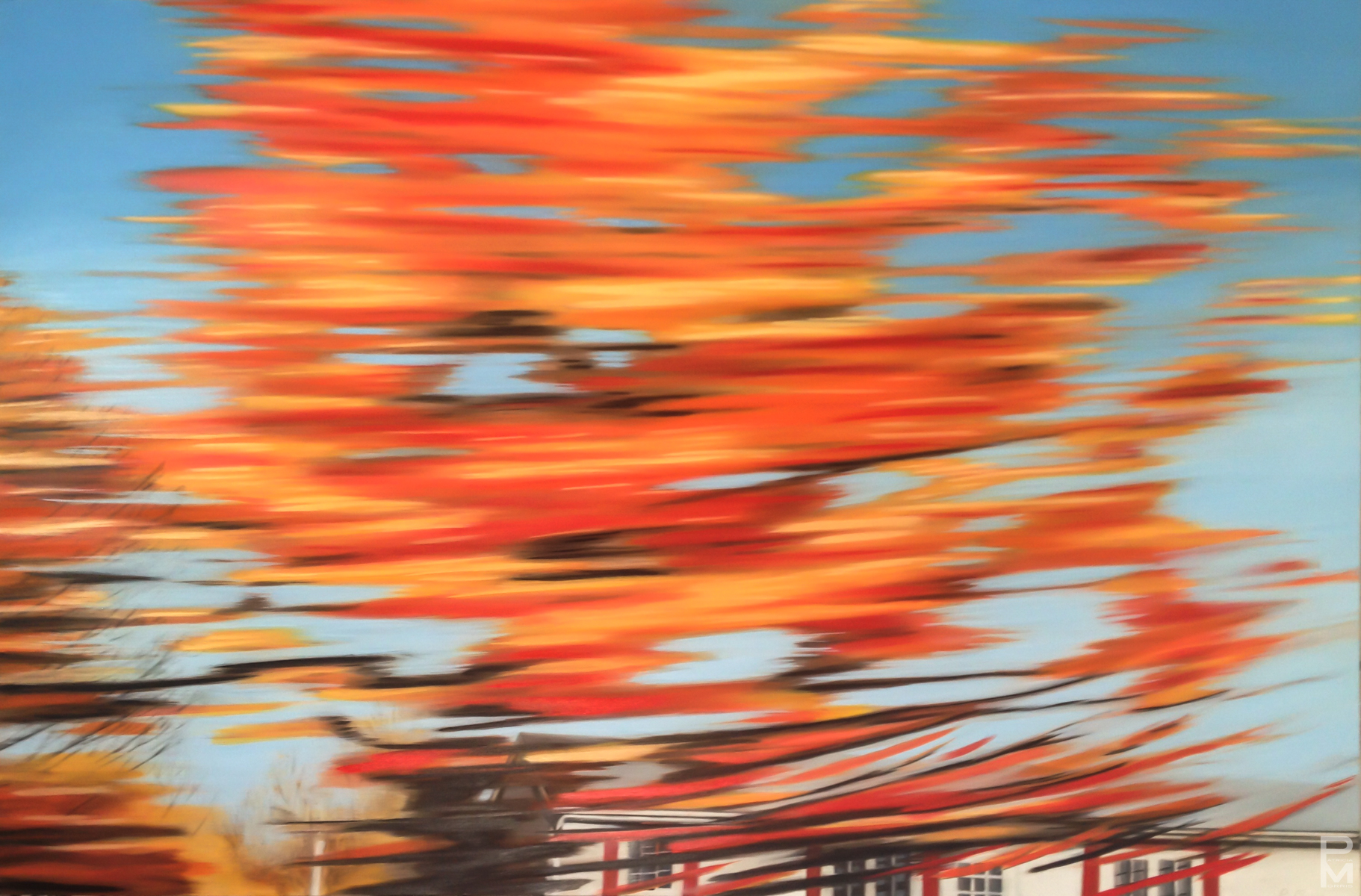 Trans Canada Drive painting, New Brunswick, view of a bungalow seen through a red maple tree from a moving vehicle in autumn