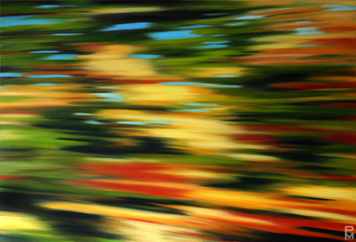 Trans Canada Drive painting, View seen from a moving vehicle of colourful autumn foliage against a blue sky in Ontario