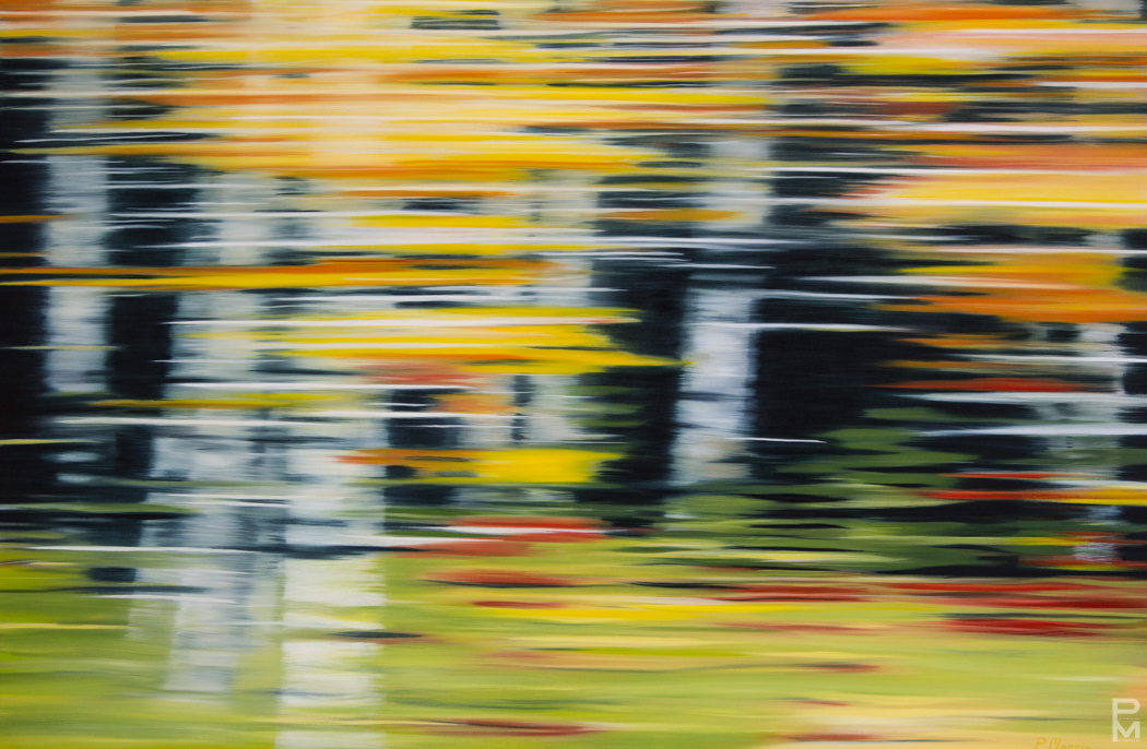 Trans Canada Drive painting, View of blurred birch trees in autumn, seen from a moving vehicle in Ontario