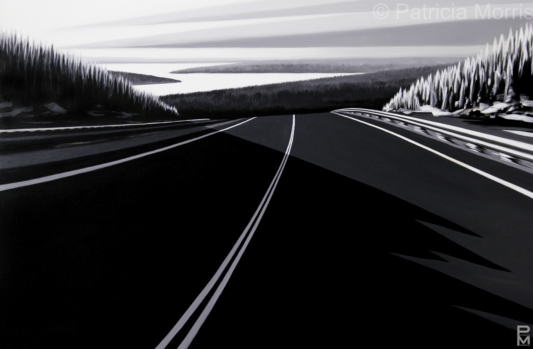A black and white oil painting of a stylized view looking north on highway 185, Quebec