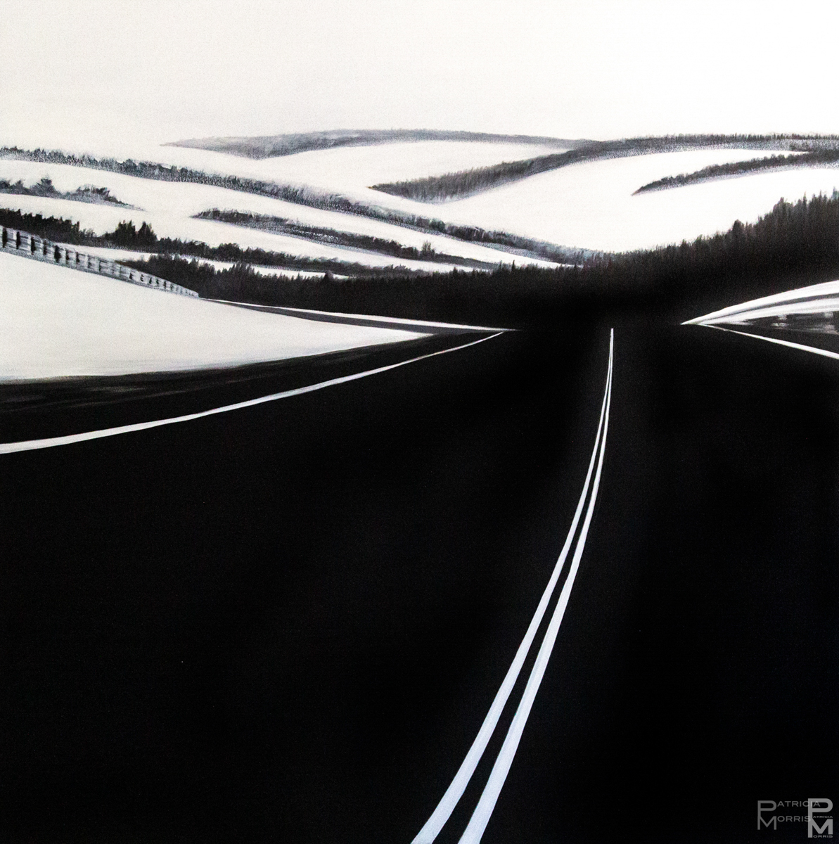 A black and white oil painting of a stylized view looking south on highway 185, Quebec