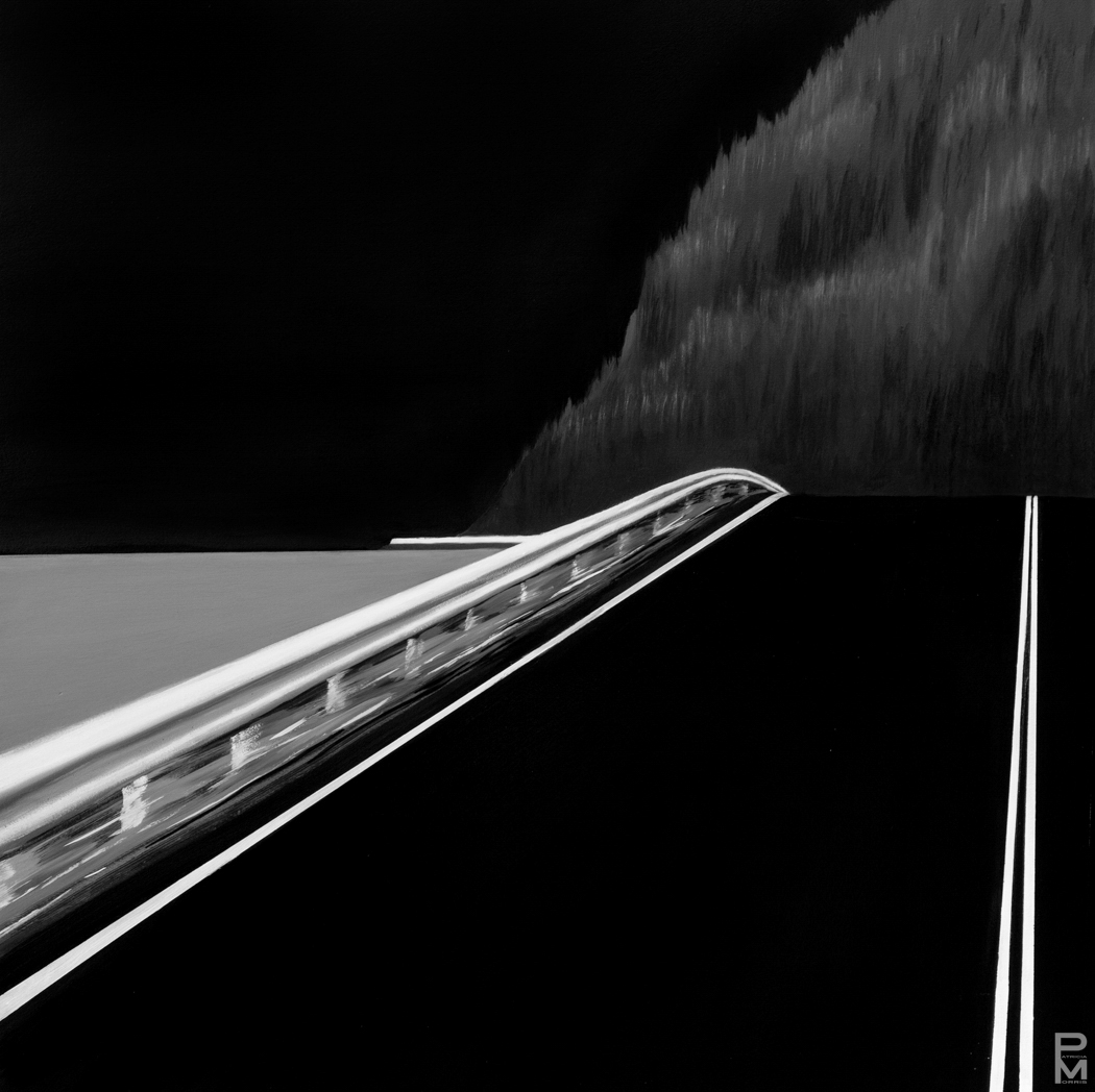 A black and white oil painting of a stylized view looking east on highway 132, Gaspé, Quebec