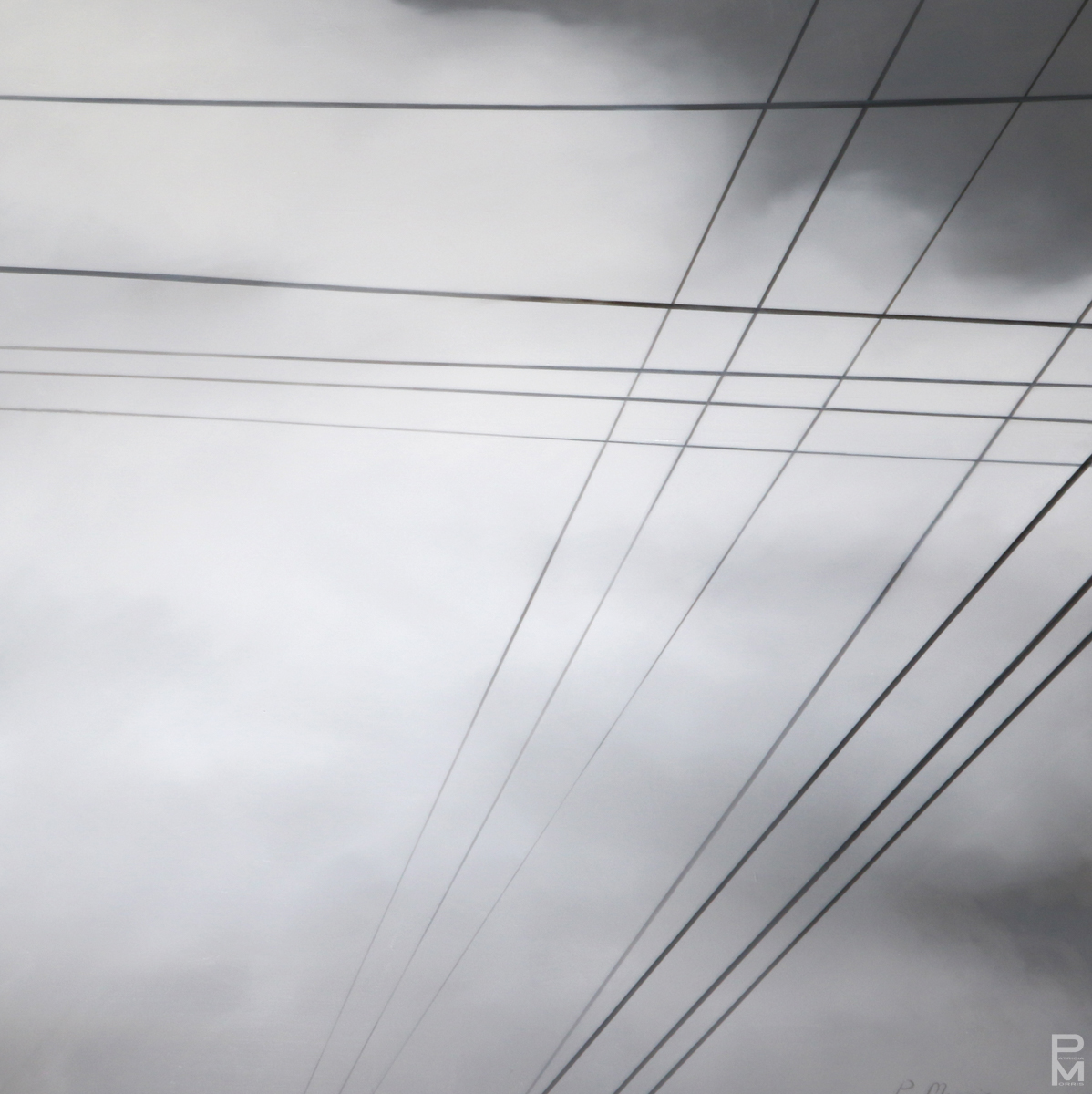 Oil painting of power lines against a cloudy sky