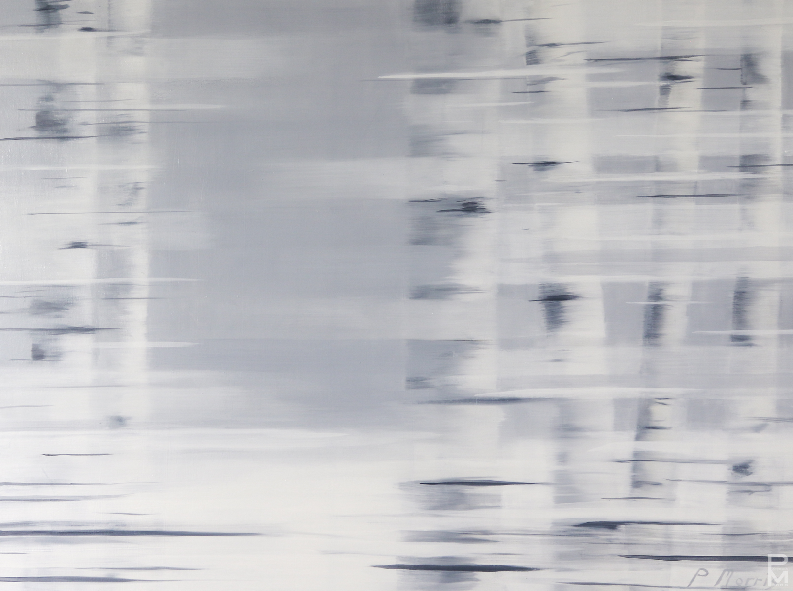 Black and white oil painting about passing aspen trees in winter in a motor vehicle