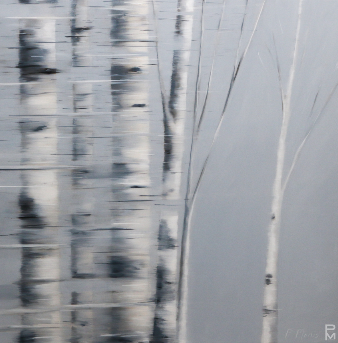 Black and white oil painting about passing aspen trees in winter in a motor vehicle