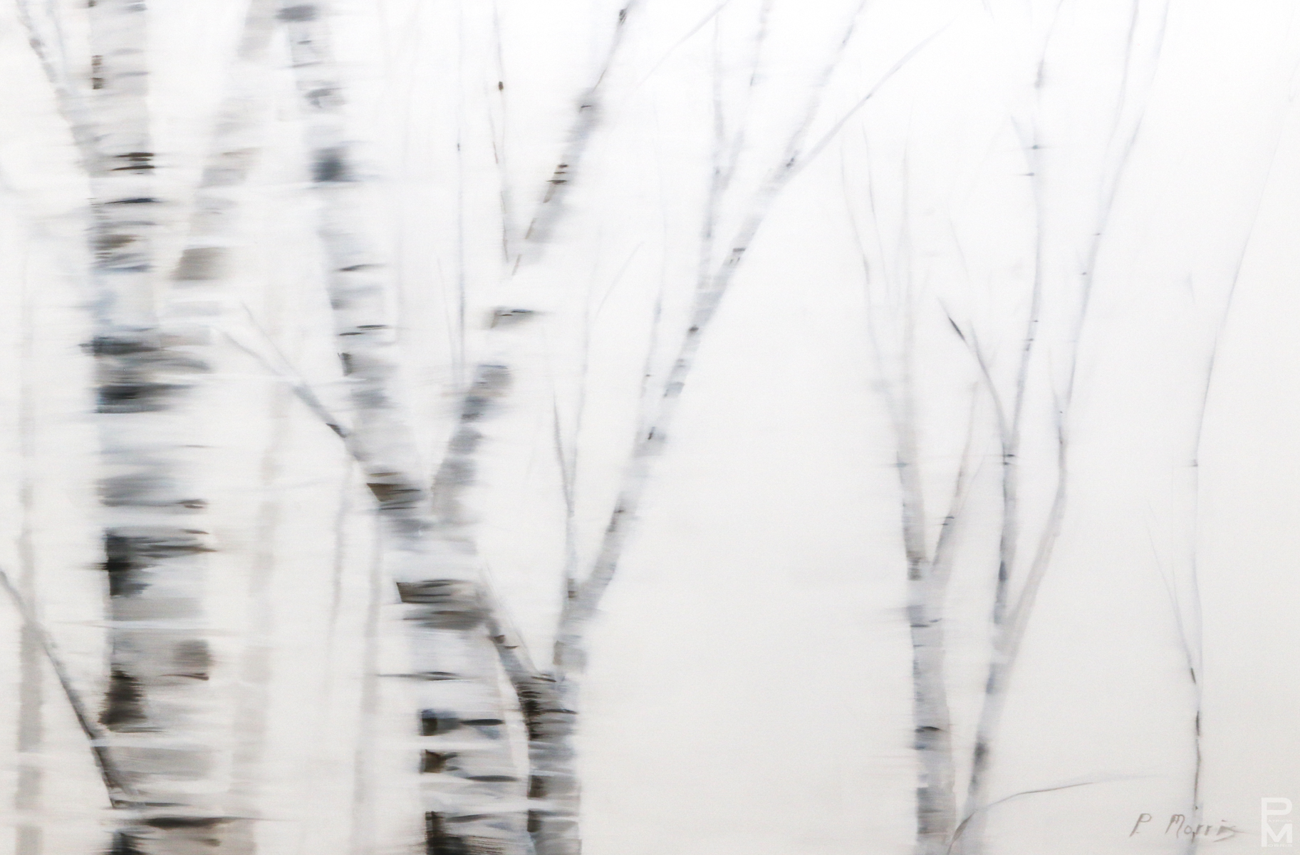 Black and white oil painting about passing aspen trees in winter in a motor vehicle