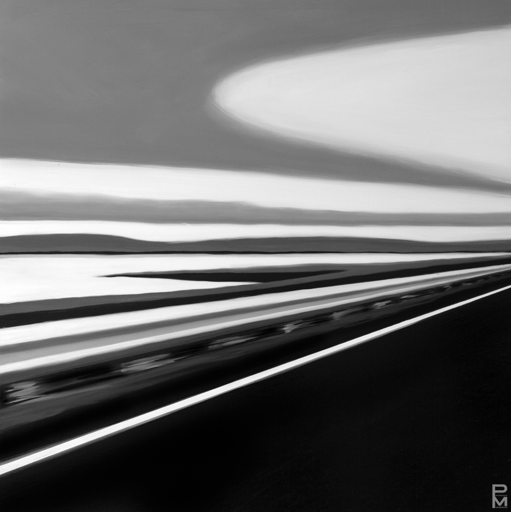 A black and white oil painting of a stylized view looking east on highway 132, Gaspé, Quebec