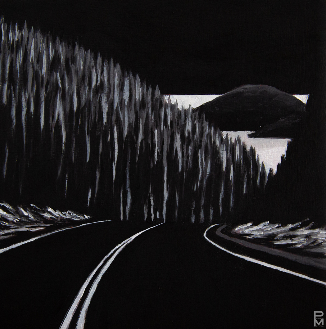 A black and white oil painting with a view of the ocean below seen while driving on highway 30 in Cape Breton